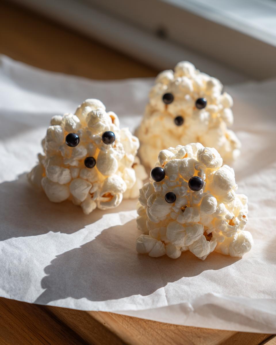 Three cute Ghost Popcorn Balls made from popcorn and decorated with black candy eyes, sitting on parchment paper.