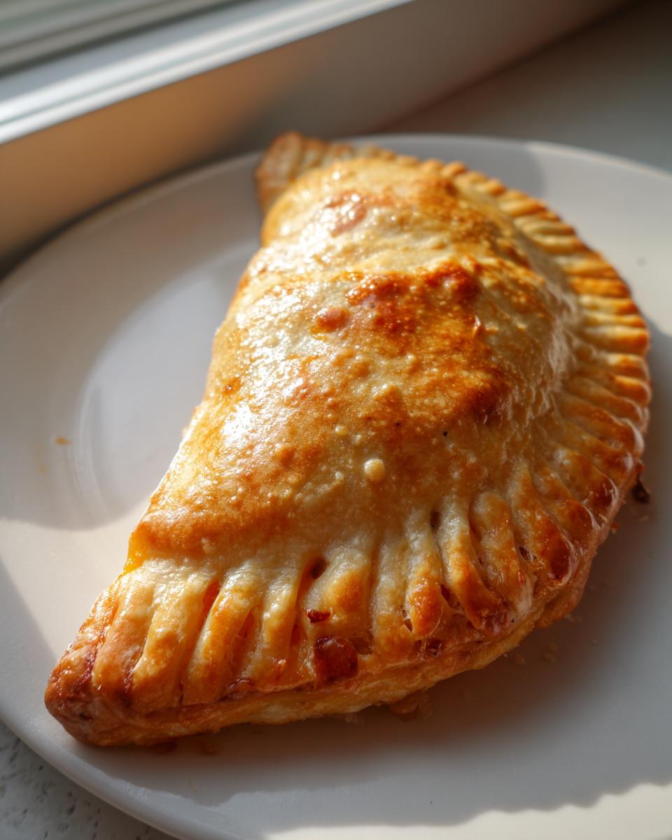 Close-up of a single, golden-brown, flaky Ghost Taco Hand Pie resting on a white plate near a window.