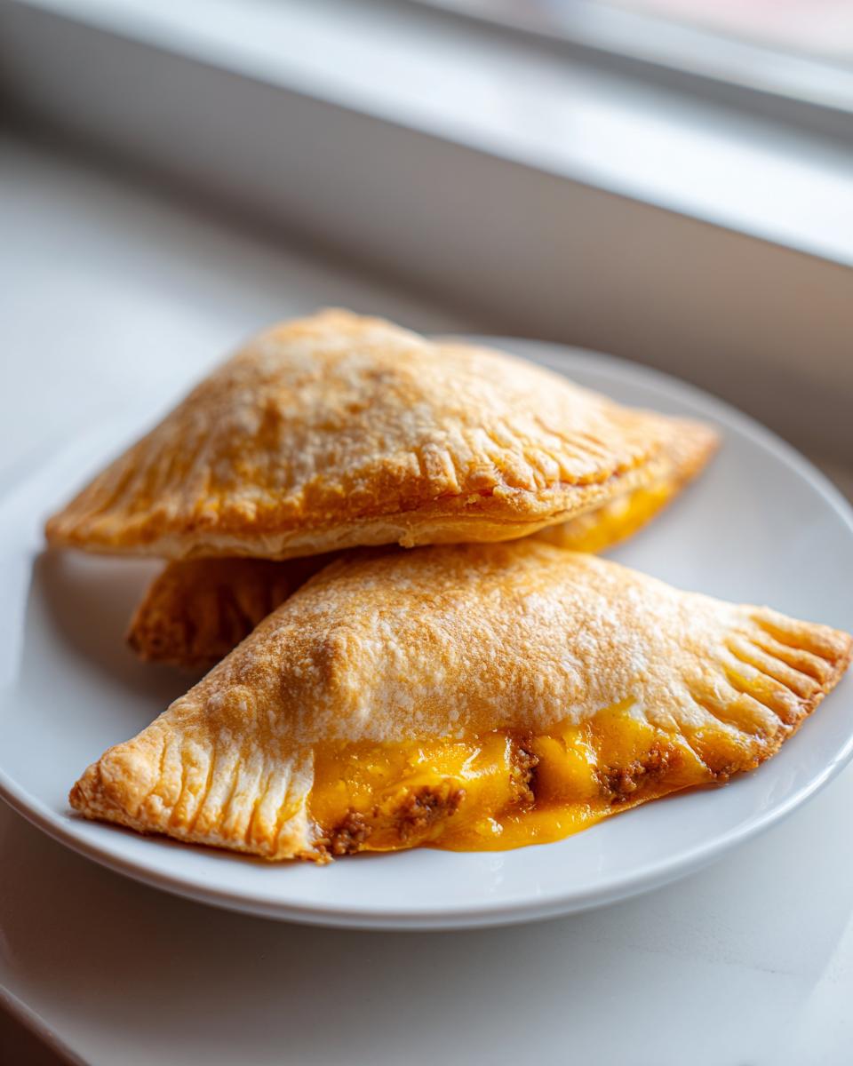 Close-up of two golden-brown Ghost Taco Hand Pies stacked on a white plate, showing melted cheese oozing out.