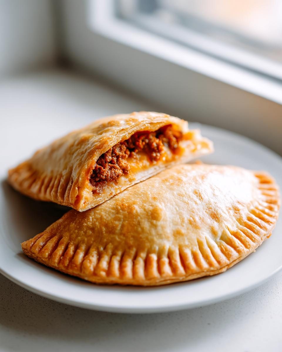 Two golden-brown Ghost Taco Hand Pies on a white plate, one cut open to reveal a savory, spicy meat filling.