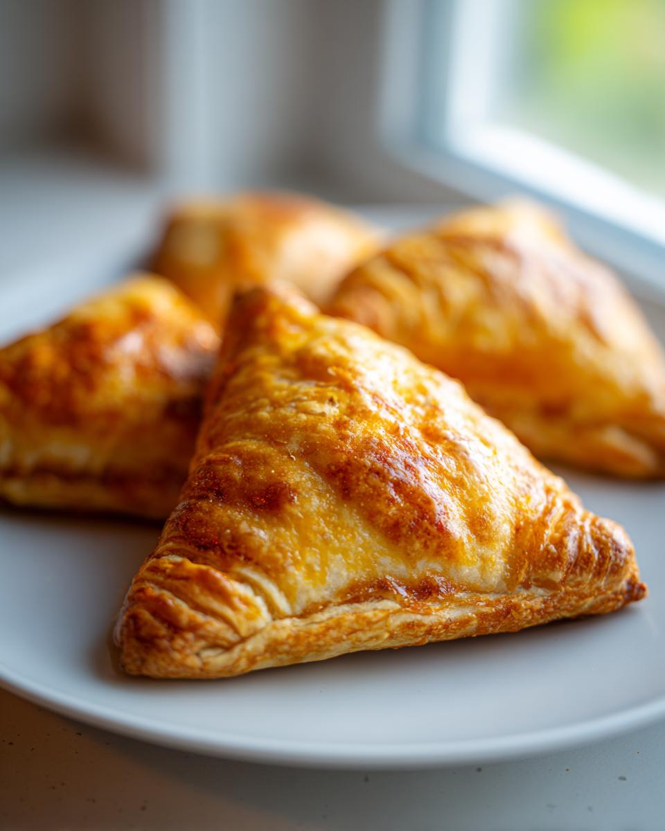 Close-up of several golden brown, flaky Ghost Taco Hand Pies resting on a light gray plate near a window.