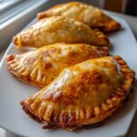 Four golden-brown, freshly fried Ghost Taco Hand Pies lined up on a white rectangular plate.
