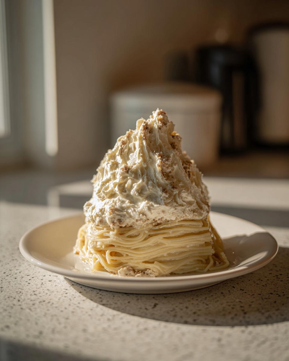 A tall, layered serving of white pasta resembling Ghostly Lasagna, topped with a mound of creamy, textured white sauce.