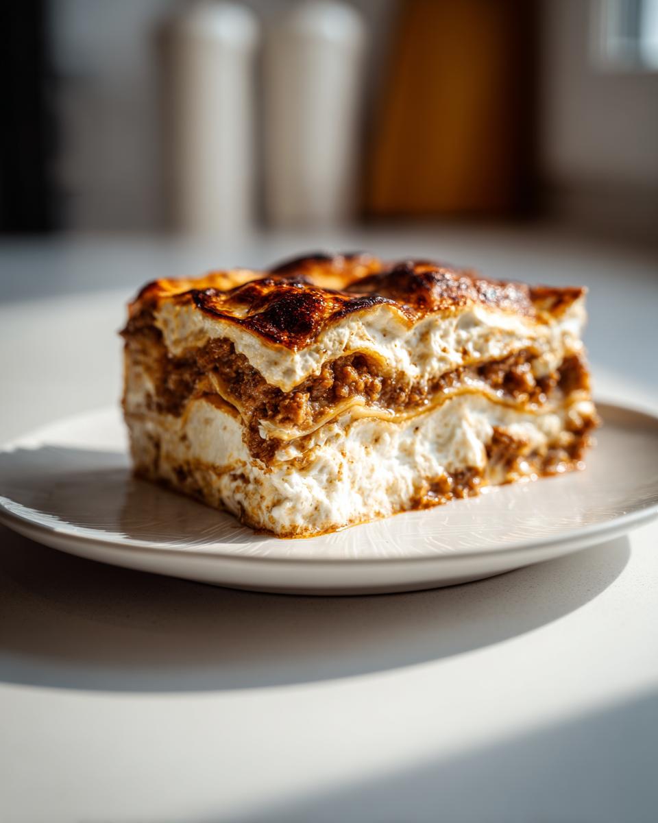 A thick, layered slice of Ghostly Lasagna featuring rich meat sauce and creamy white layers, served on a white plate.
