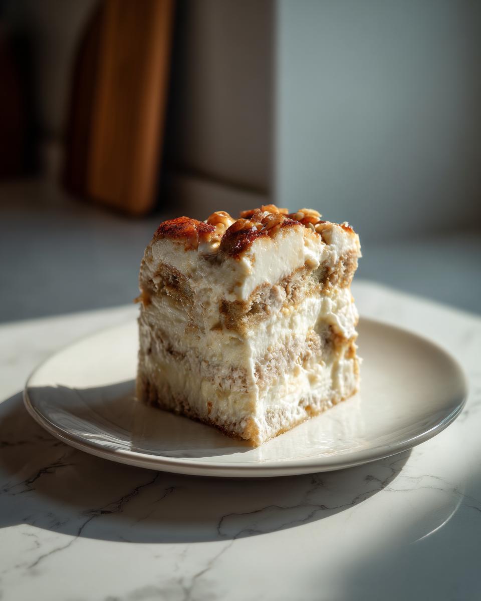 A square slice of layered dessert, resembling Ghostly Lasagna, served on a white plate.