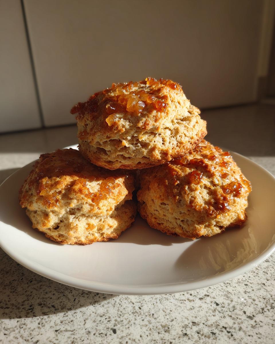 Three freshly baked Ginger Scones, topped with crystallized ginger pieces, stacked on a white plate.