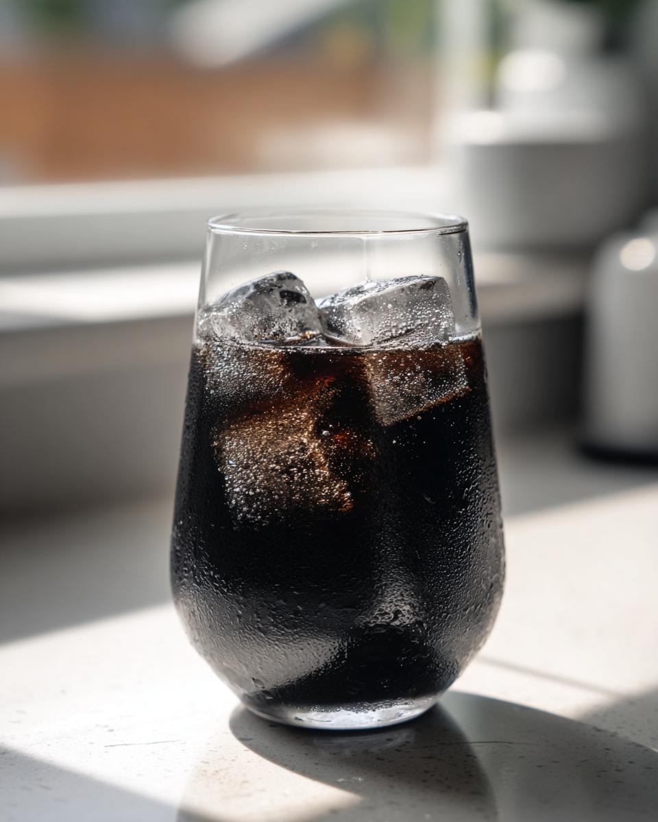 A close-up of a sweating glass filled with dark, bubbly Black Lemonade and large ice cubes.
