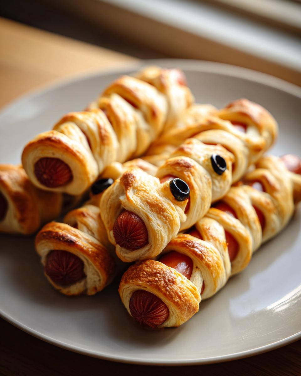 A stack of golden-brown baked Mummy Dogs wrapped in pastry strips, featuring olive eyes, ready to serve.