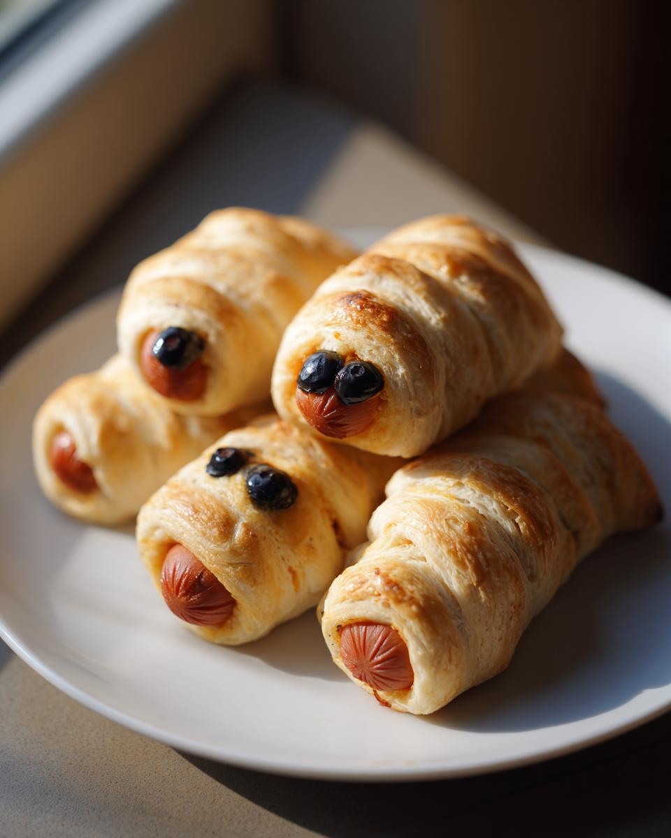 Four golden-brown Mummy Dogs wrapped in pastry dough with small black olive eyes on a white plate.
