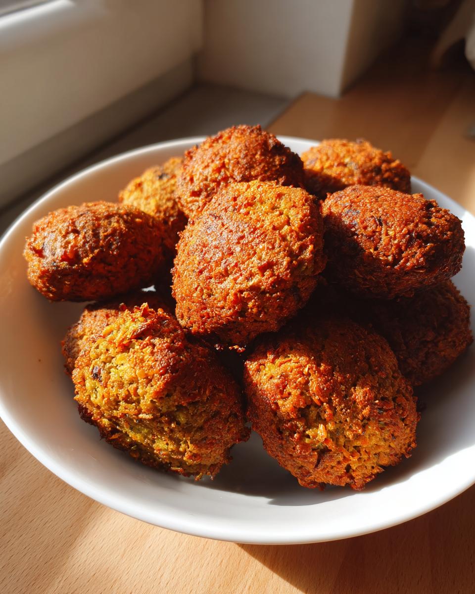 A close-up of several perfectly fried, golden-brown homemade falafel resting in a white bowl.