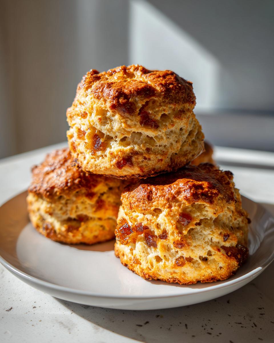 A stack of three freshly baked, golden brown Ginger Scones with visible crystallized ginger pieces.