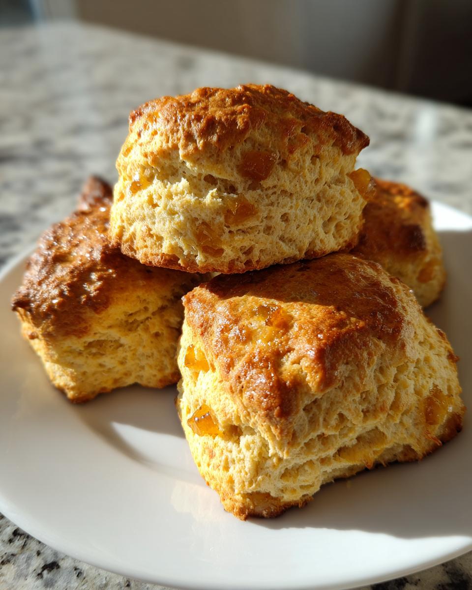 Four freshly baked Ginger Scones, golden brown and stacked on a white plate, showing visible pieces of candied ginger.