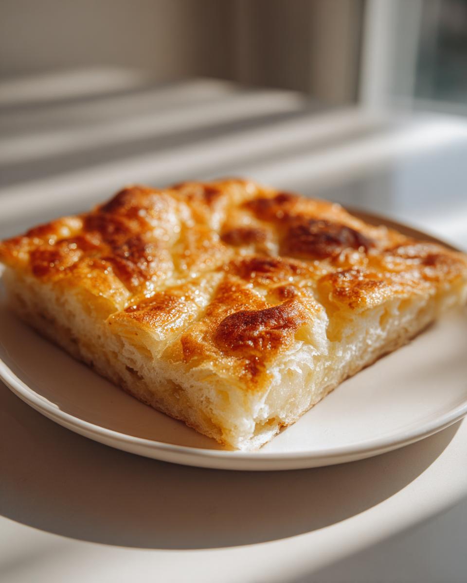 A square slice of golden brown, flaky Msemen Moroccan Pancake resting on a white plate.