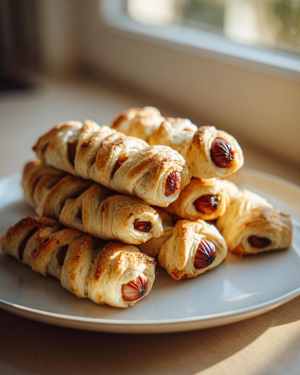 A stack of golden brown Mummy Dogs wrapped in pastry, with the ends of the hot dogs visible, sitting on a light plate.