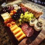 A beautiful arrangement of cheeses, salami, grapes, dried apricots, and bread on a wooden board, perfect for a Halloween Cheese Board.