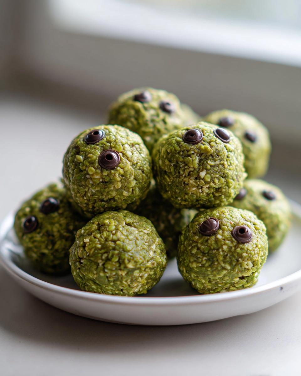 A pile of green, textured Halloween Monster Energy Balls decorated with two chocolate chips for eyes.
