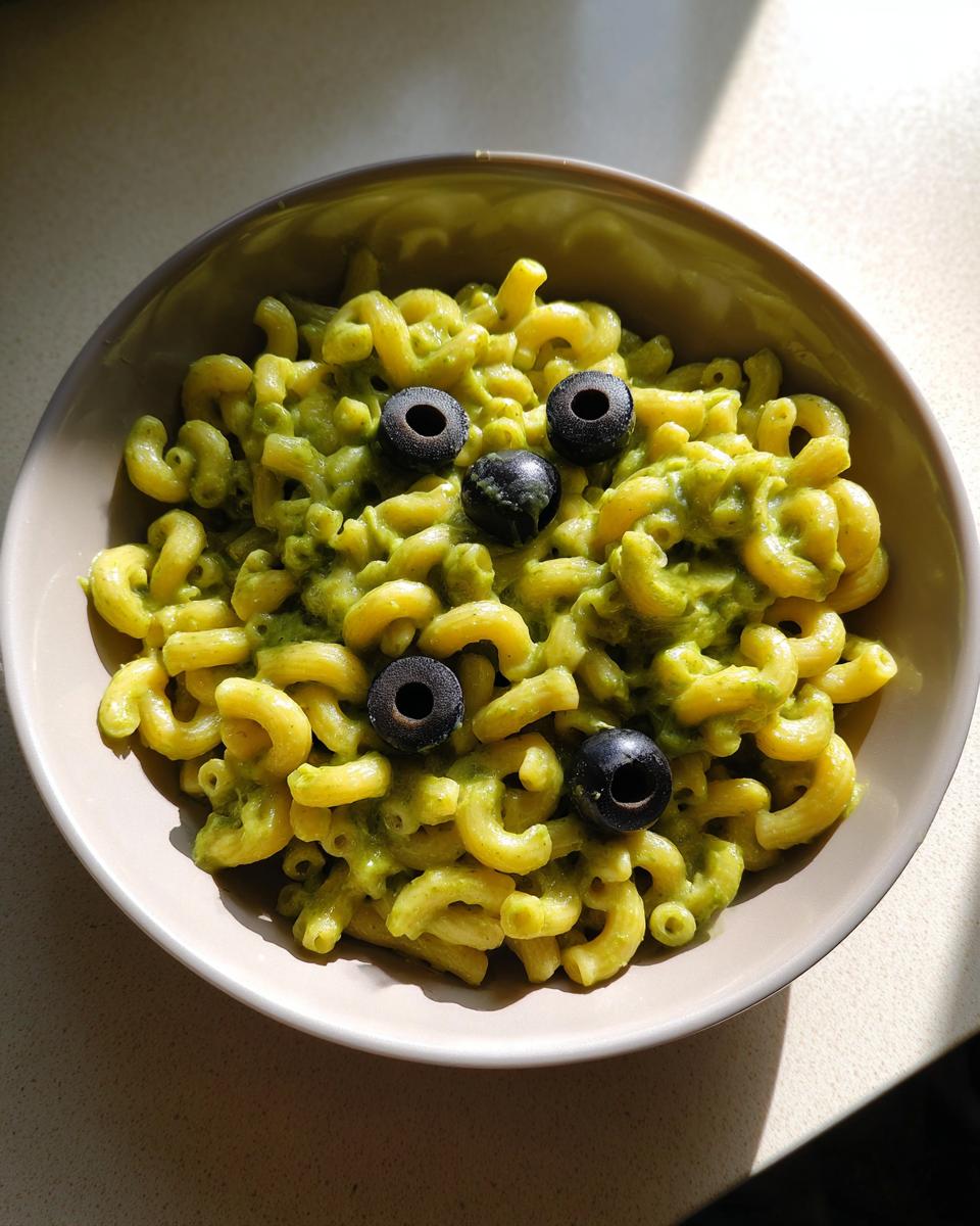 Bowl of green-colored Halloween Monster Mac And Cheese topped with four black olive halves resembling monster eyes.