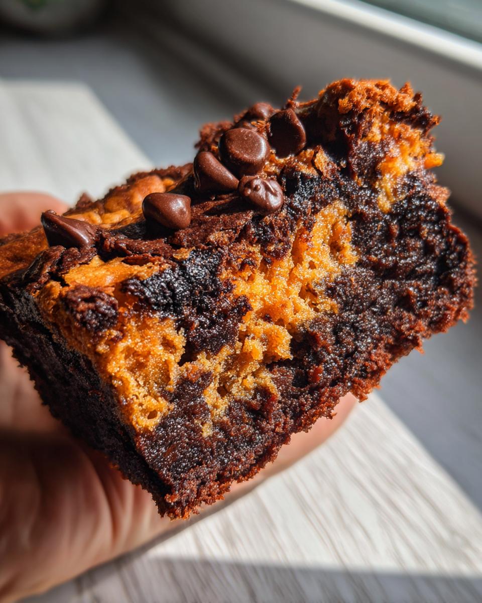 A close-up of a rich, marbled Halloween Brookies square being held, showing fudgy brownie and cookie layers topped with chocolate chips.