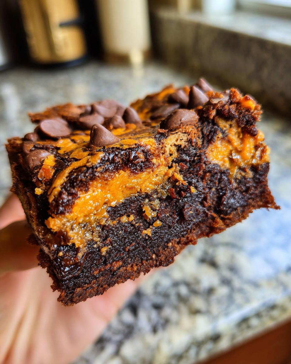 A close-up of a rich, fudgy Halloween Brookies bar held up, showing a distinct orange peanut butter swirl layer and chocolate chips on top.