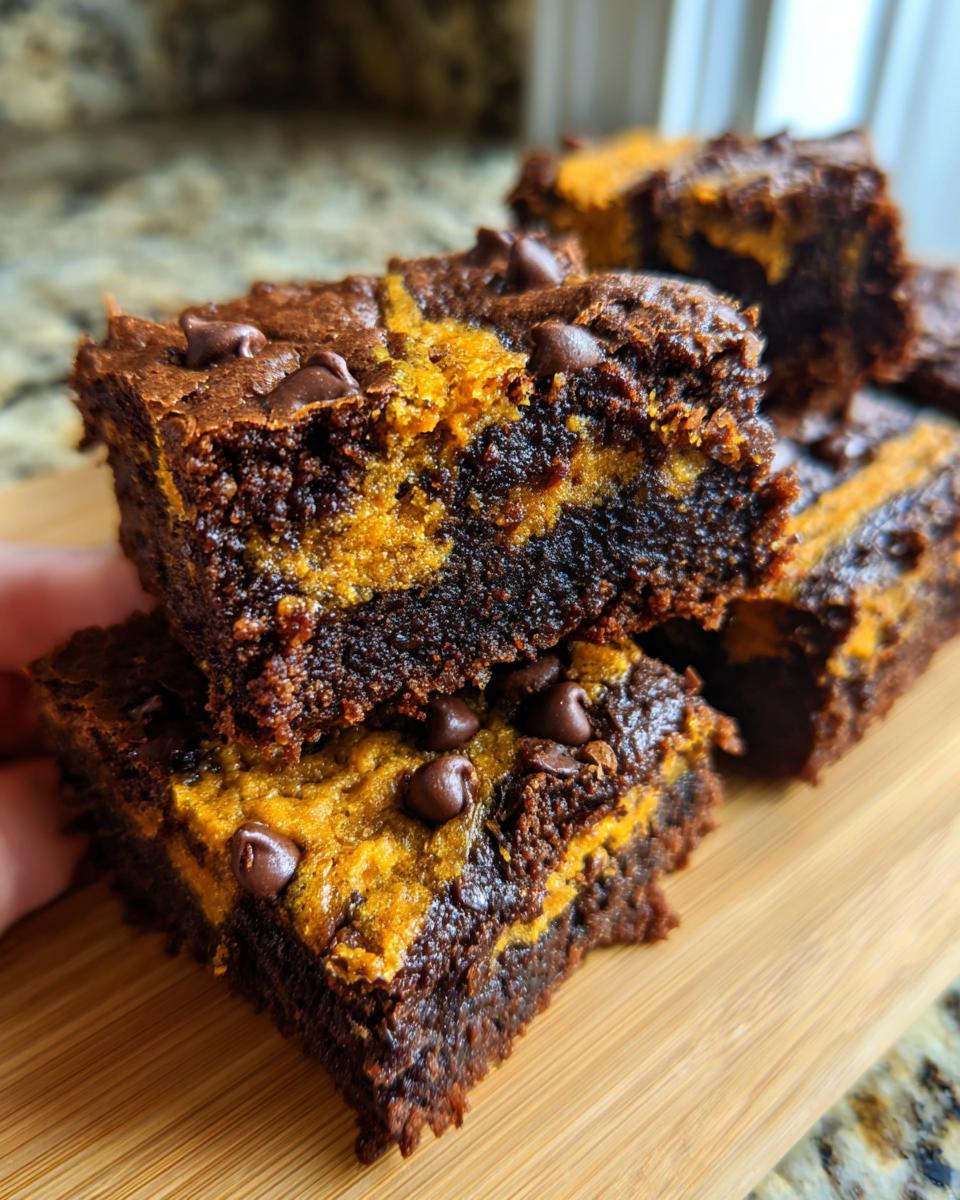 Close-up of rich, fudgy Halloween Brookies stacked, showing a distinct orange pumpkin swirl layer and chocolate chips.