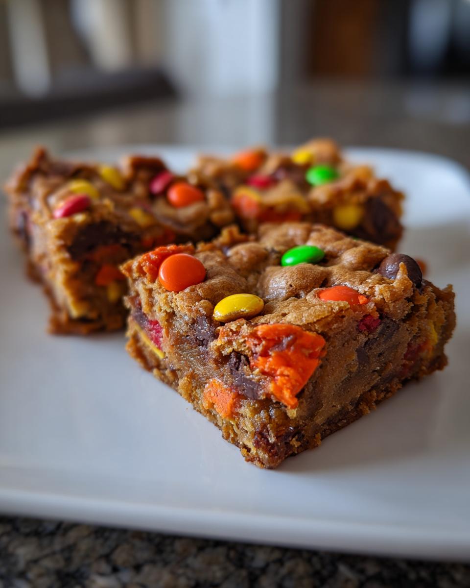 A close-up of thick, chewy Halloween Candy Cookie Bars loaded with colorful chocolate candies and peanut butter cups.