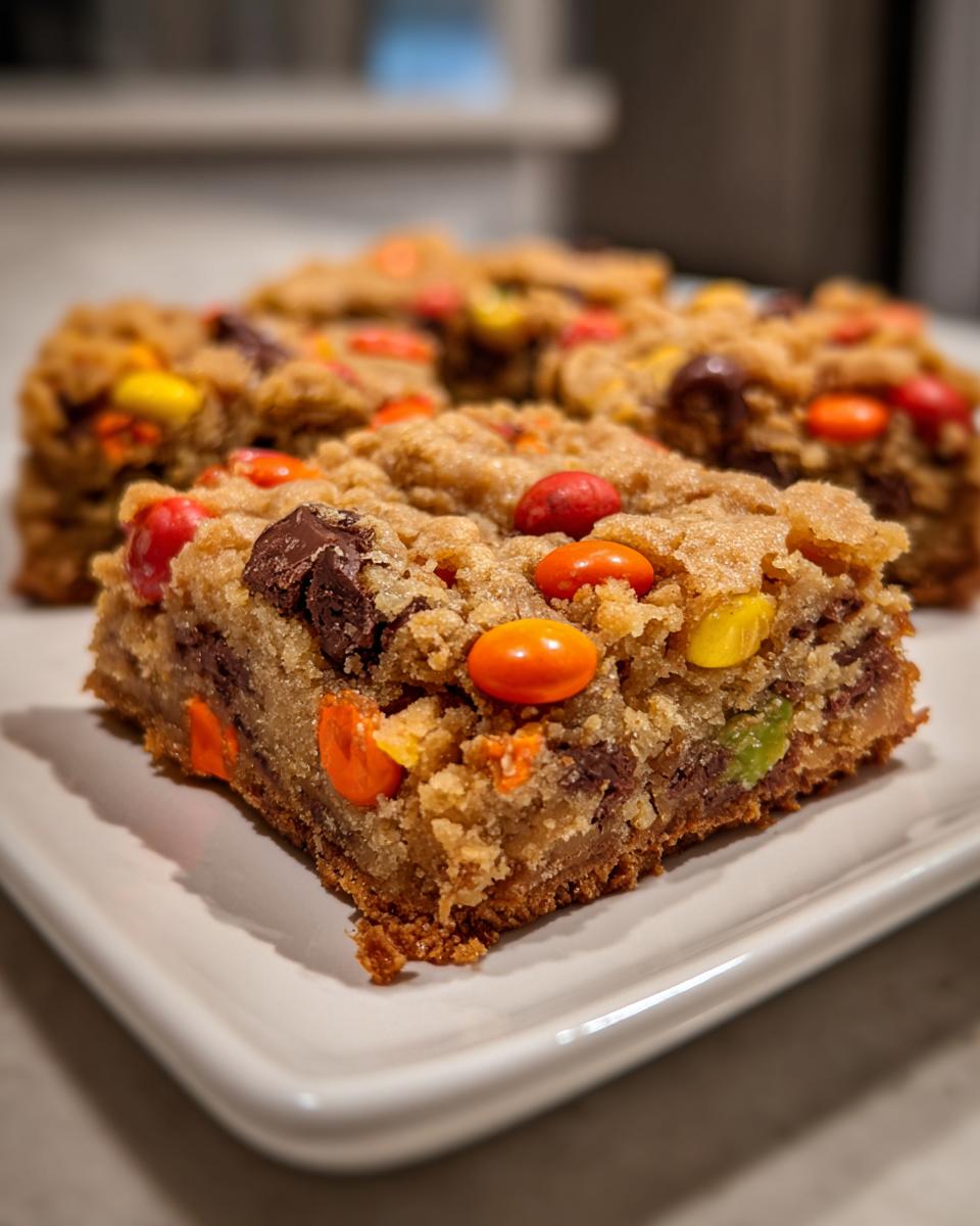A close-up, low-angle view of thick, chewy Halloween Candy Cookie Bars studded with chocolate chips and colorful candies.