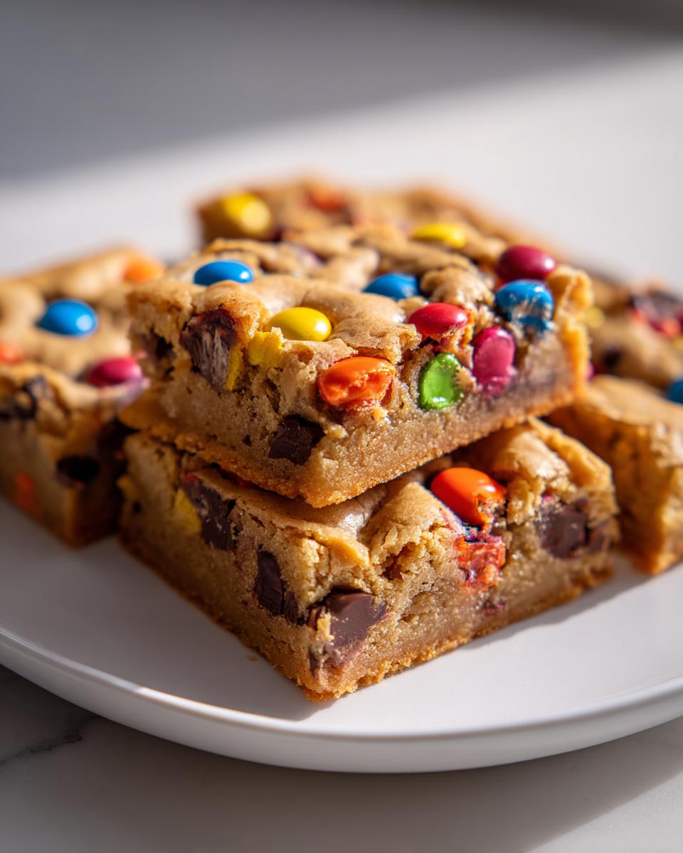 A stack of chewy Halloween Candy Cookie Bars loaded with chocolate chips and colorful candy-coated chocolates.