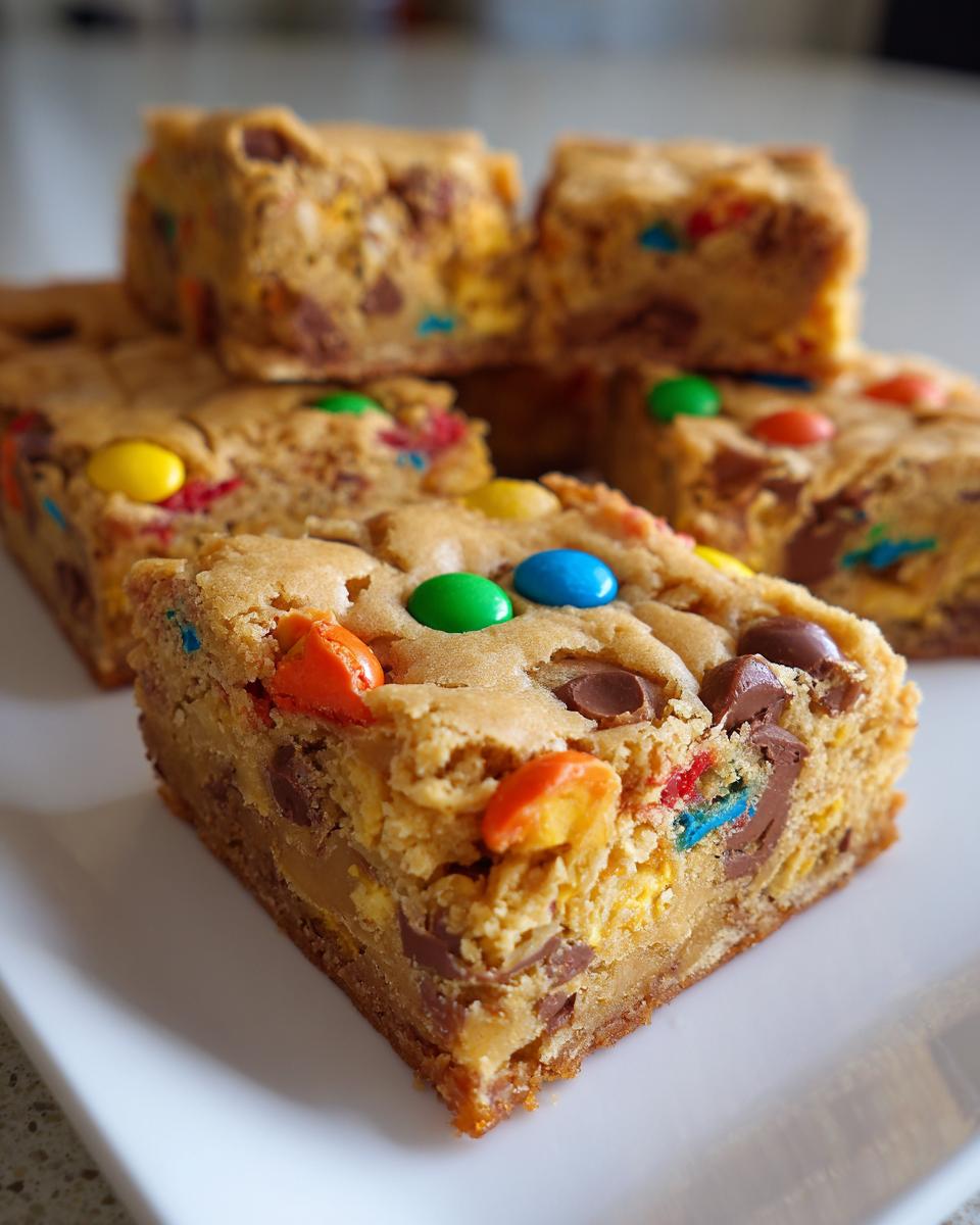 A stack of thick, chewy Halloween Candy Cookie Bars loaded with chocolate chips and colorful M&M candies.