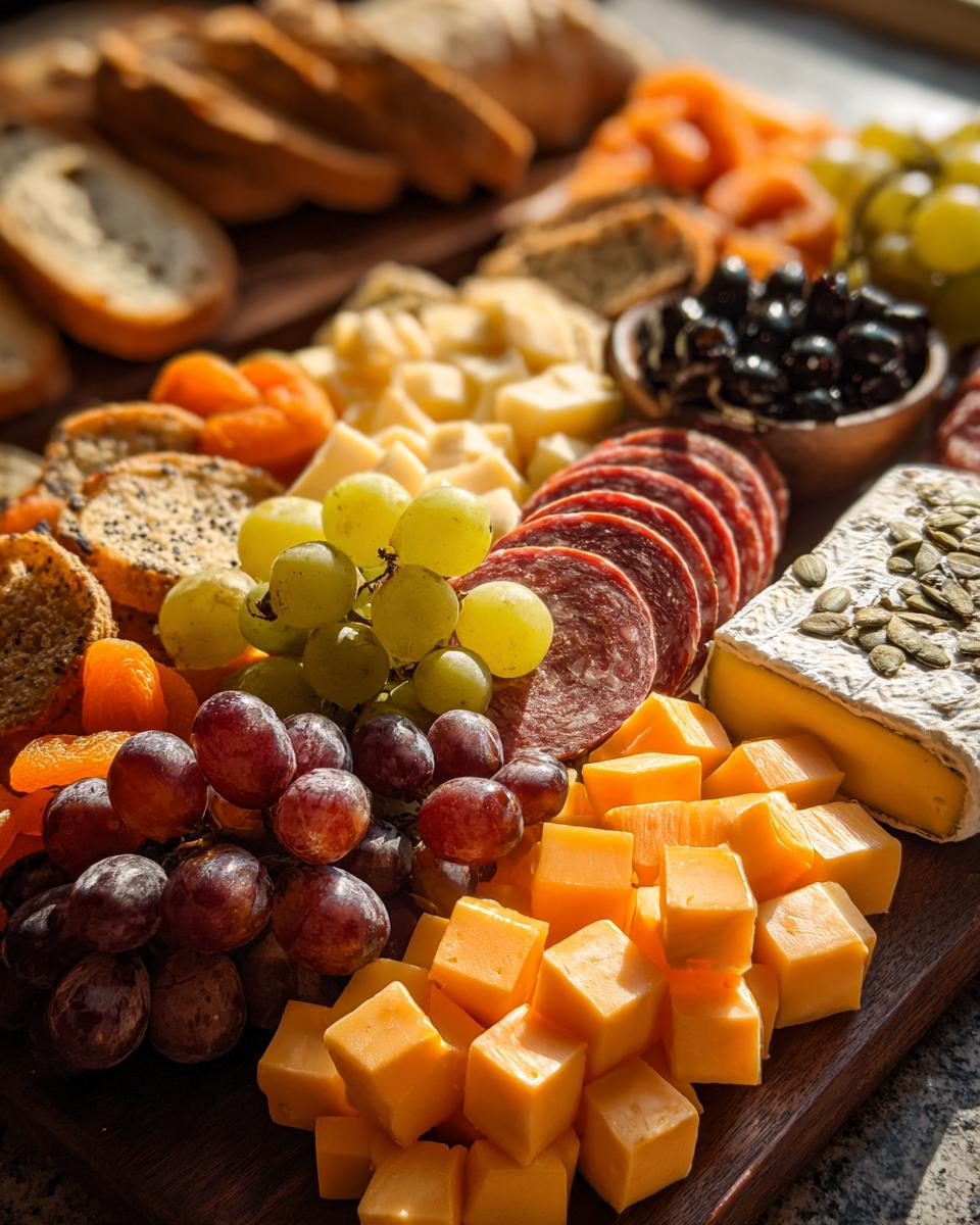 Close-up of a rich Halloween Cheese Board featuring cubed cheddar, grapes, salami, and brie topped with seeds.