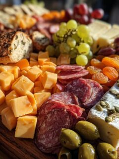A close-up view of a beautiful Halloween Cheese Board featuring cubed cheddar, salami, brie topped with pumpkin seeds, grapes, and bread.