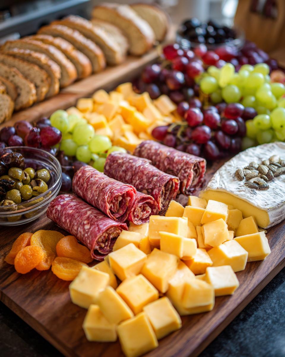 Close-up of a charcuterie board featuring cubed cheddar, rolled salami, grapes, and brie, ready for a Halloween Cheese Board.