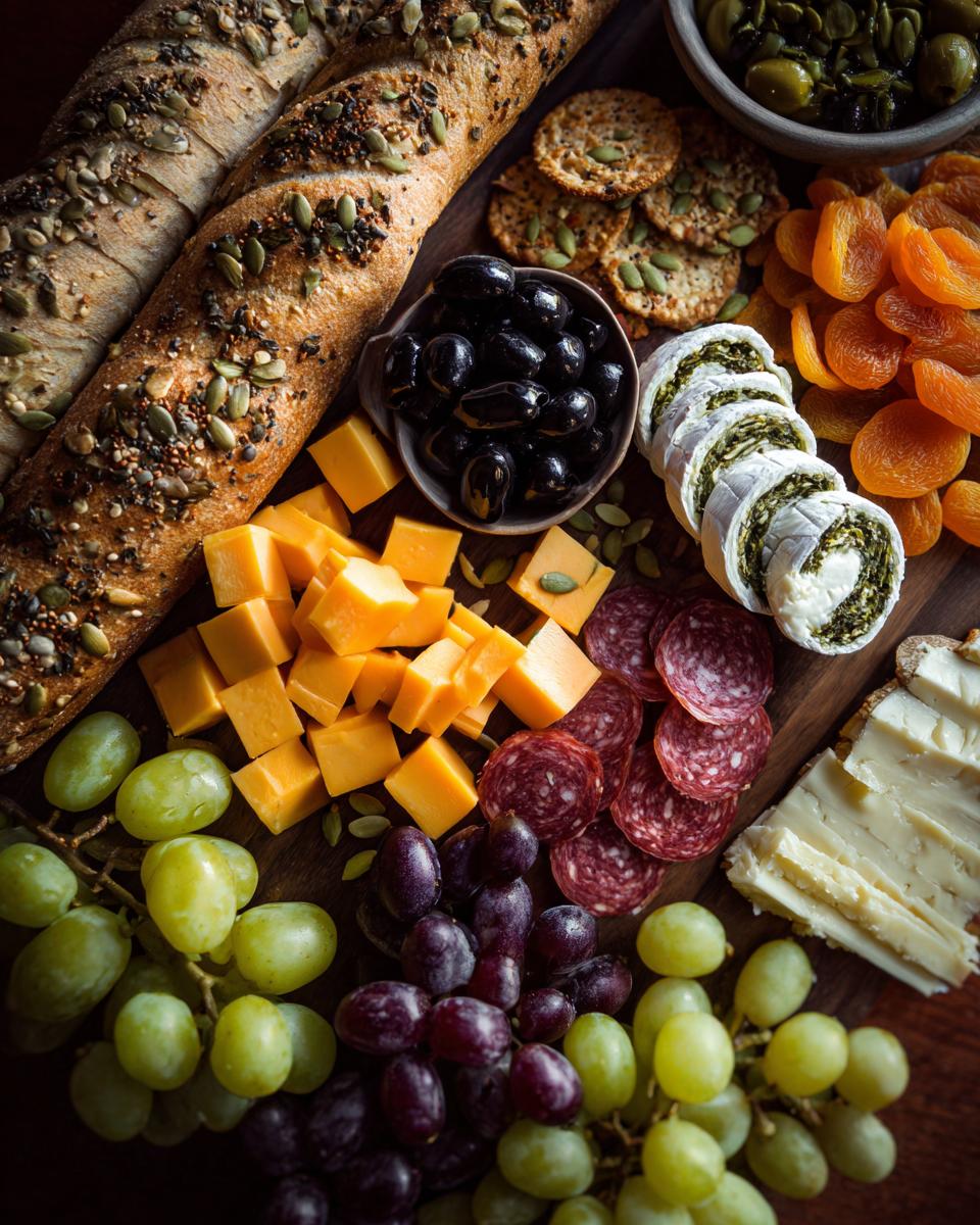 Overhead view of a rich Halloween Cheese Board featuring cheese cubes, salami, grapes, olives, and bread.
