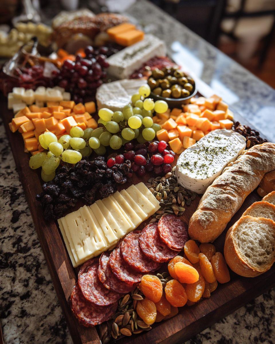 A richly assembled Halloween Cheese Board featuring various cheeses, salami, grapes, dried fruits, nuts, and baguette slices.