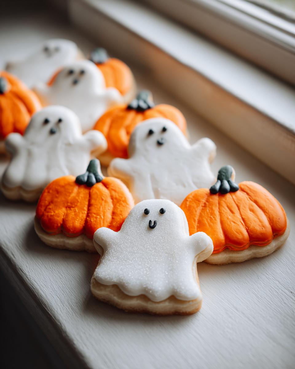 A row of beautifully decorated Halloween decorated cookies featuring white, sparkling ghosts and bright orange pumpkins.