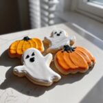 Four Halloween Decorated Cookies featuring two white ghosts and two orange pumpkins with black stems, resting on a bright white surface.