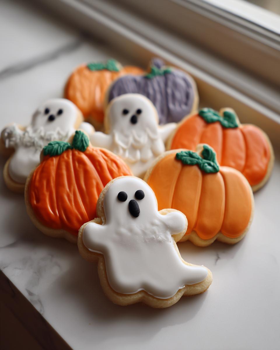 A close-up of several beautifully decorated Halloween decorated cookies, featuring white ghosts and orange/purple pumpkins.