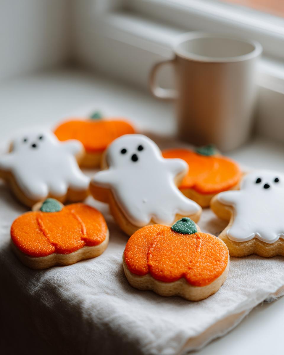 A close-up of freshly baked Halloween decorated cookies featuring white ghosts and orange, sparkling pumpkins.