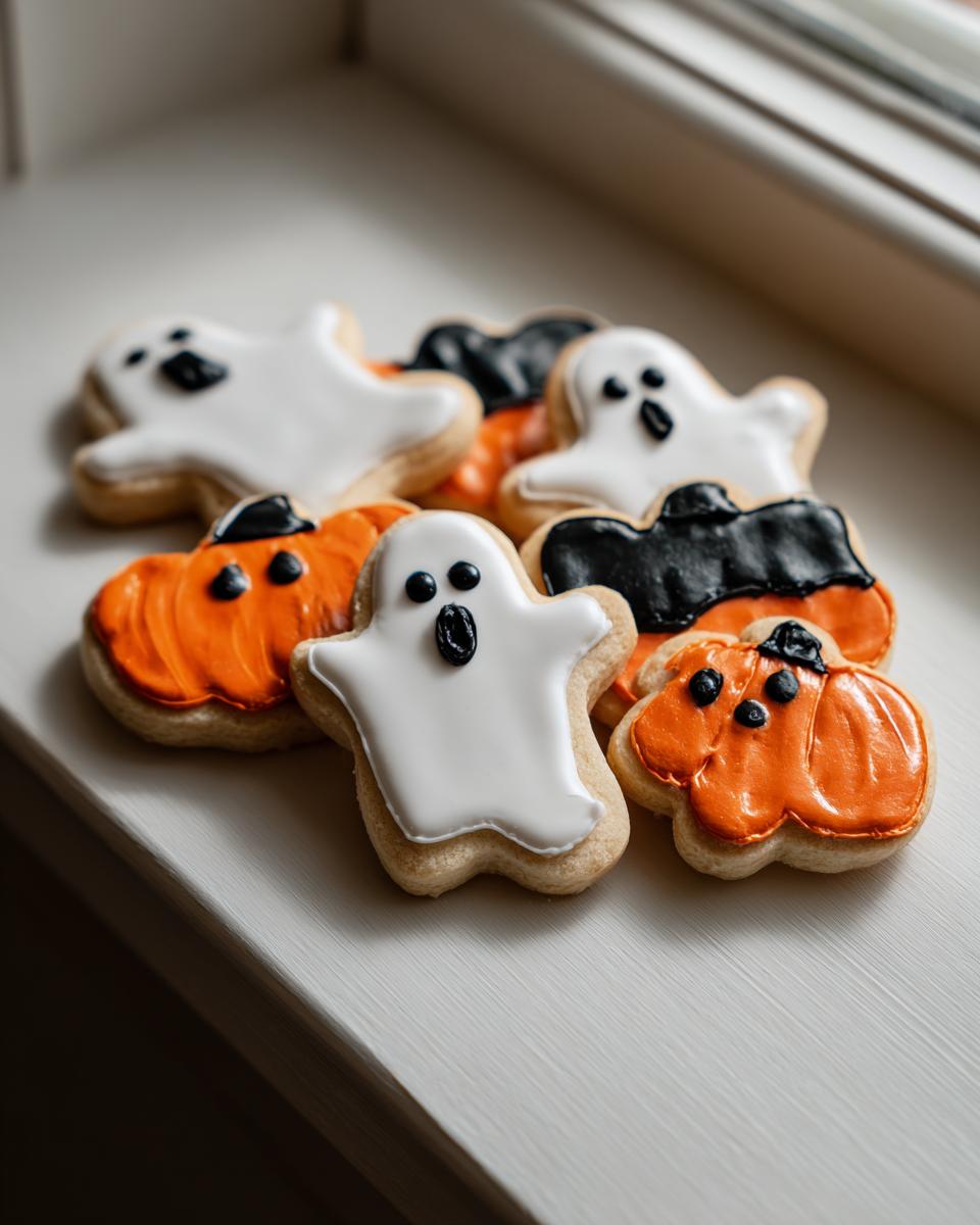 A small pile of freshly decorated Halloween decorated cookies featuring white ghosts and orange pumpkins with black icing details.