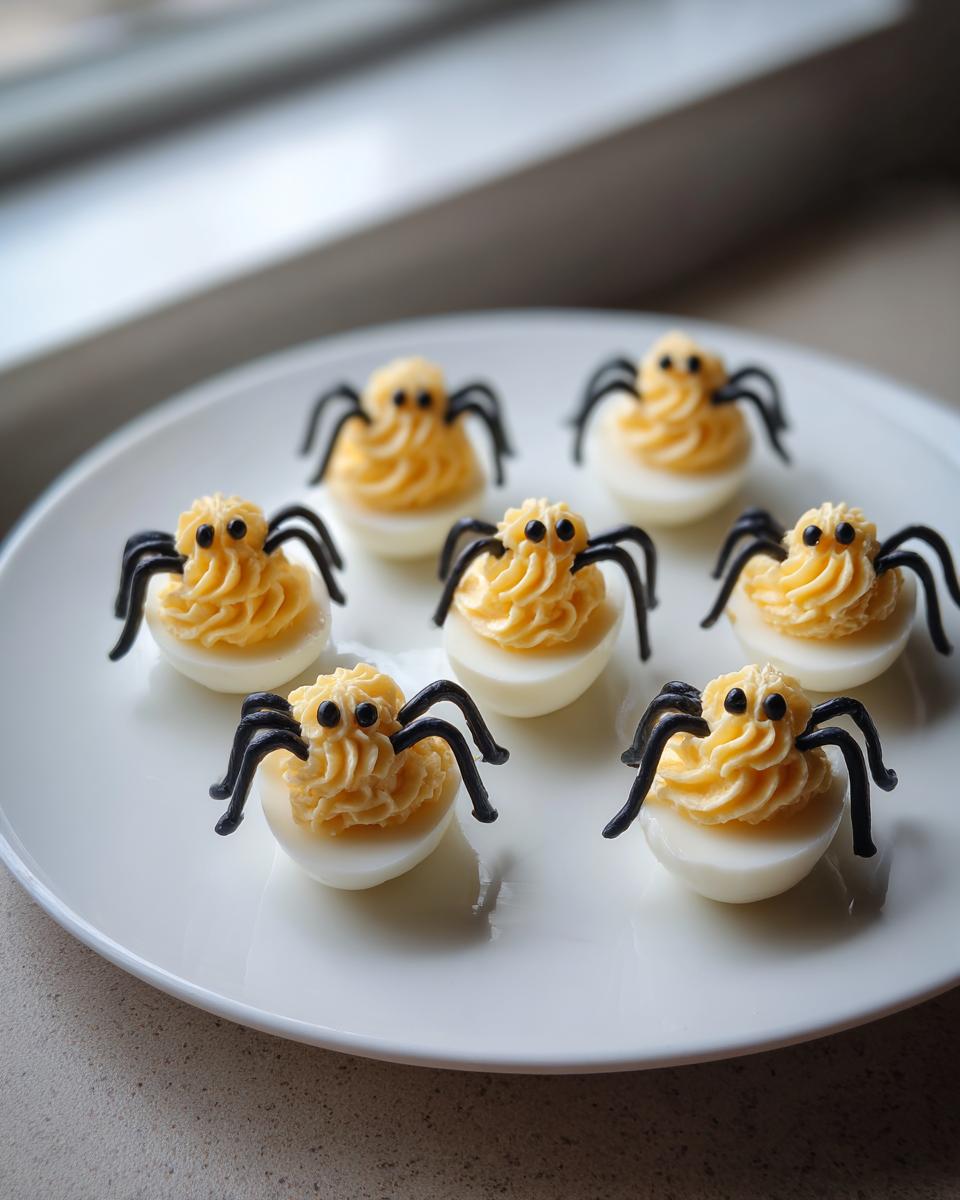Six Halloween Deviled Eggs decorated to look like spiders with piped filling and black legs.