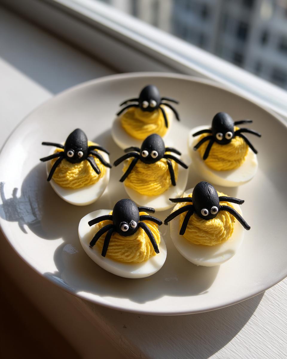 Six Halloween Deviled Eggs topped with black icing spiders, arranged on a white plate.