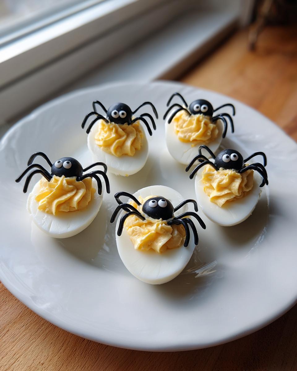 Five Halloween Deviled Eggs topped with piped yellow filling and edible black spiders.