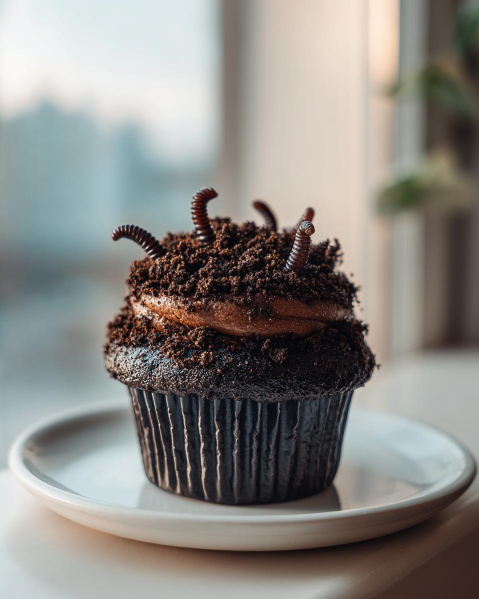 A single, dark chocolate Halloween Dirt Cupcake topped with chocolate frosting, crushed cookie 'dirt,' and gummy worms.