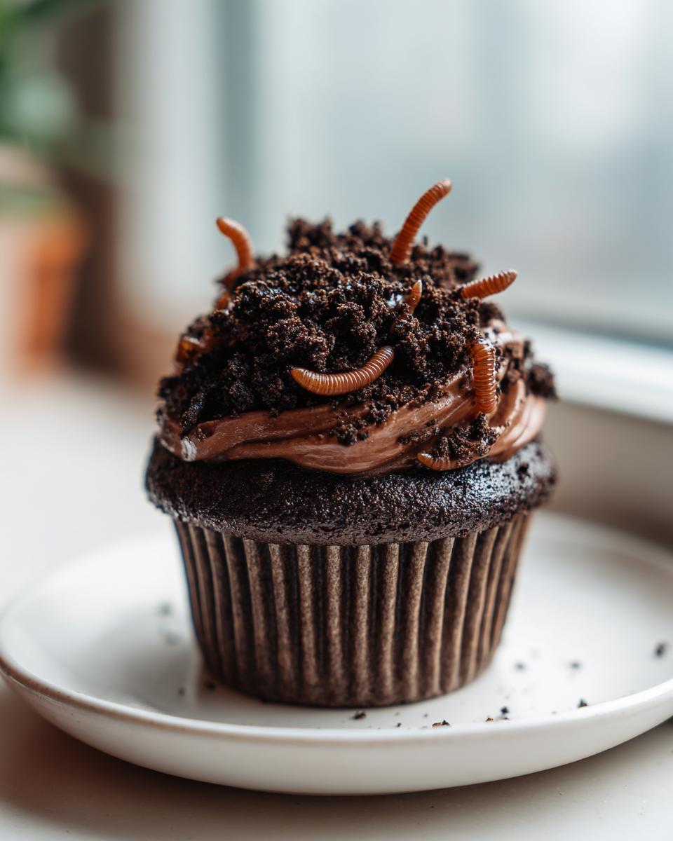 A single, dark chocolate Halloween Dirt Cupcake topped with chocolate frosting, crushed cookie 'dirt', and gummy worms sticking out.