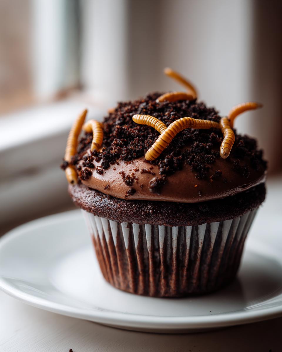 A single, rich chocolate Halloween Dirt Cupcake topped with chocolate frosting, cookie crumbs, and realistic gummy worms.