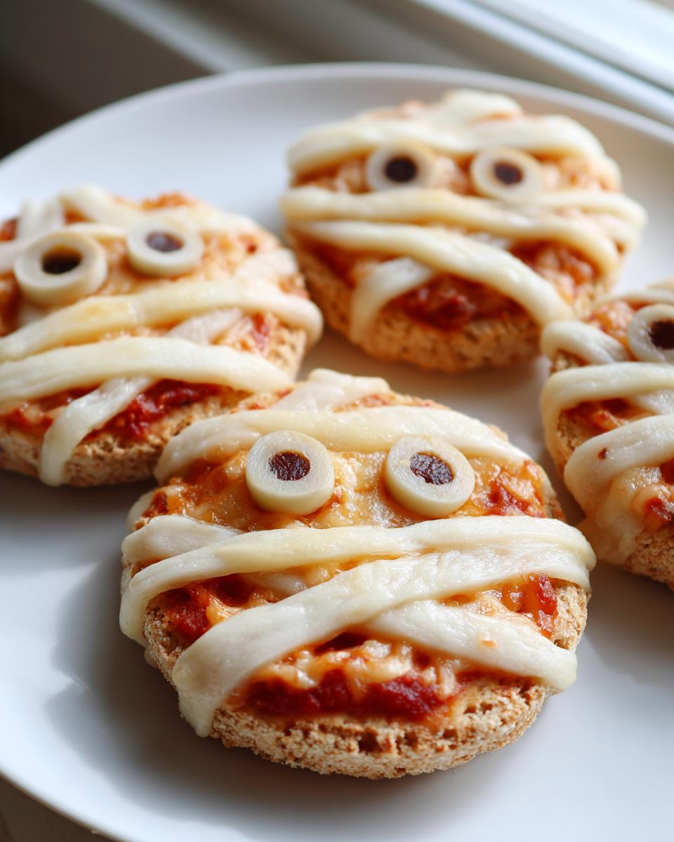 Four Halloween Mini Pizzas decorated like mummies with melted cheese strips and olive slice eyes on a white plate.