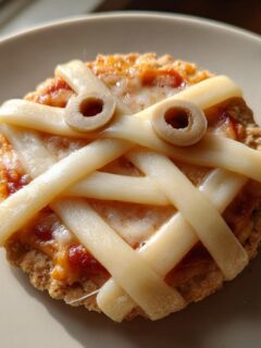 A single Halloween Mini Pizza decorated like a mummy using cheese strips and olive eyes on a light-colored plate.
