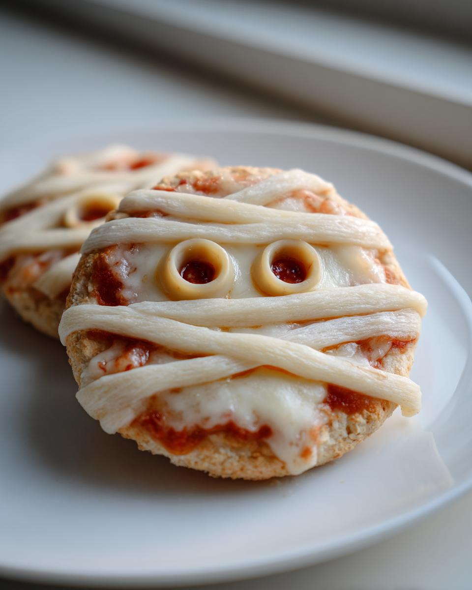 Close-up of two Halloween Mini Pizzas decorated to look like mummies with cheese strips and olive eyes.