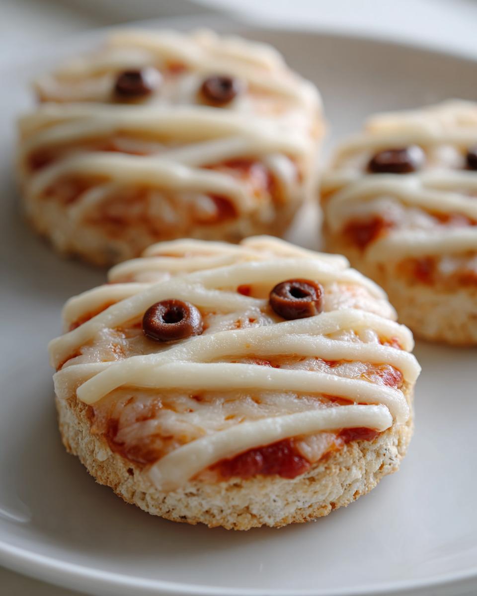 Three Halloween Mini Pizzas decorated like mummies with cheese strips and olive eyes.