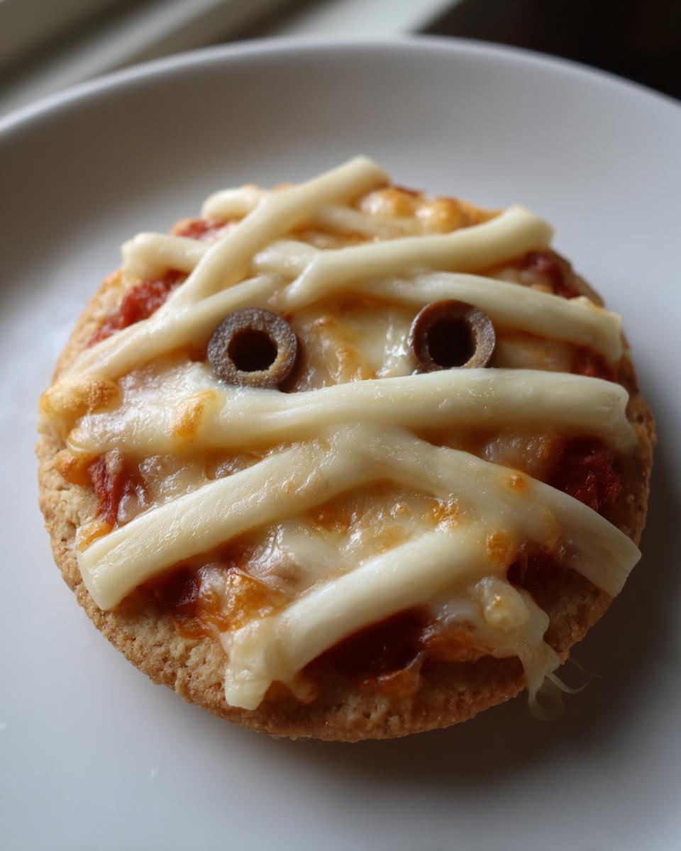 A single, baked Halloween Mini Pizzas designed to look like a mummy with melted cheese strips and olive eyes.