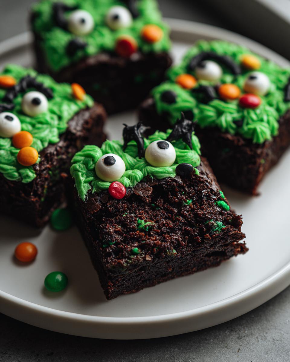 Close-up of fudgy Halloween Monster Brownies decorated with bright green frosting and candy eyeballs.